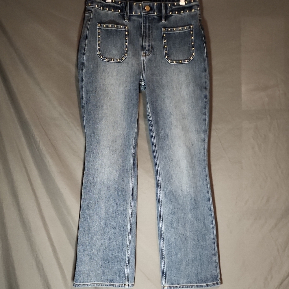 White House Black Market Blue Flare Jeans with Stud Accents